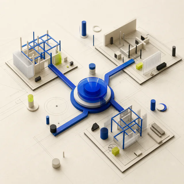 Conceptual construction workflow built from connected architectural modules